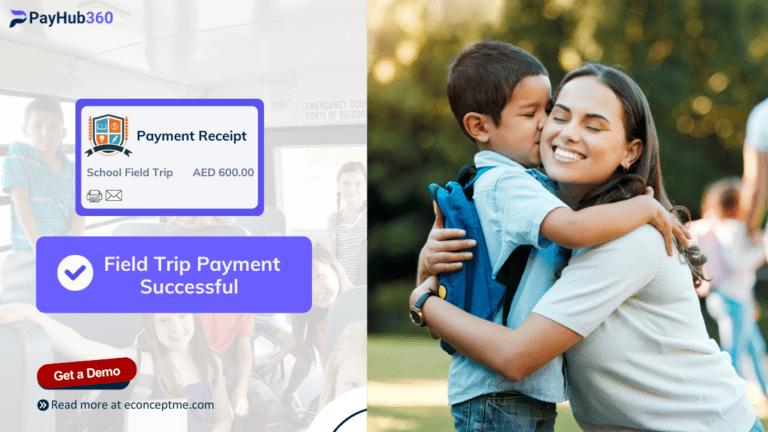 Mother and child smiling after completing a successful school field trip payment via PayHub360, featuring secure online payment options for schools